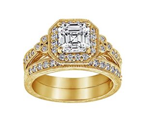 amazon collection yellow-gold-plated sterling silver antique ring set with asscher-cut infinite elements cubic zirconia, size 8