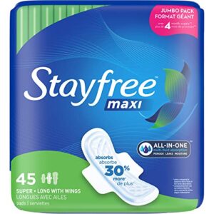 stayfree maxi super long pads with wings for women, reliable protection and absorbency of feminine periods, 45 count