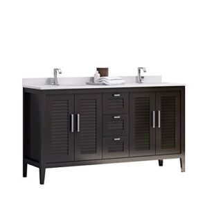 hispania bath madrid 60-inches double sink bahtroom vanity solid wood, espresso, cabinet, crema marfil quartz countertop and double white ceramic undermount sink, made in spain (european brand)