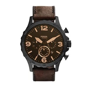 fossil men's nate quartz stainless steel and leather chronograph watch, color: black, dark brown (model: jr1487)