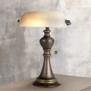 regency hill haddington traditional piano banker table lamp 16" high antique bronze dark brown metal alabaster glass shade decor for bedroom house bedside nightstand home office reading