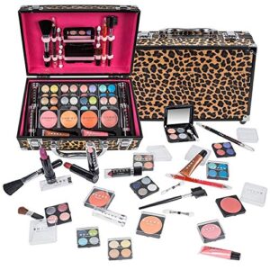 shany carry all makeup train case with pro makeup set, makeup brushes, lipsticks, eye shadows, blushes, and more - leopard
