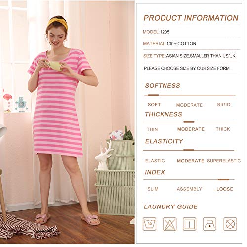 Qianxiu Women's Sleepwear, Cotton Sleep Short Sleeves Sleepshirt Modal Cotton Knit Stripes Nightshirt T-Shirt Nightgown Pink