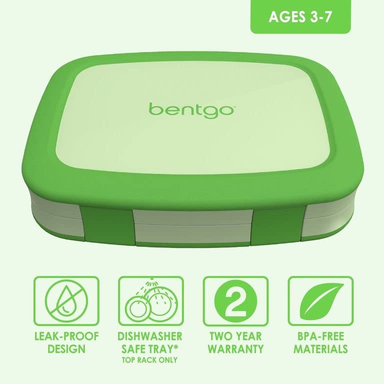 Bentgo® Kids Bento-Style 5-Compartment Lunch Box - Ideal Portion Sizes for Ages 3 to 7 - Leak-Proof, Drop-Proof, Dishwasher Safe, BPA-Free, & Made with Food-Safe Materials (Green)