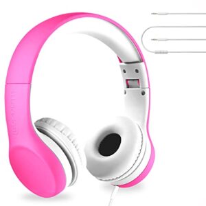 lilgadgets connect+ girls headphones for school wired with microphone, volume limiting for safe listening, adjustable headband, cushioned earpads for comfort, kids headphones for school, pink