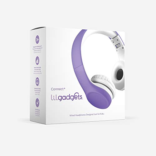 LilGadgets Connect+ Kids Headphones Wired with Microphone, Volume Limiting for Safe Listening, Adjustable Headband, Cushioned Earpads for Comfort, Headphones for Kids for School, Purple
