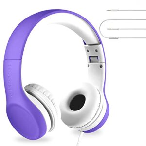 lilgadgets connect+ kids headphones wired with microphone, volume limiting for safe listening, adjustable headband, cushioned earpads for comfort, headphones for kids for school, purple