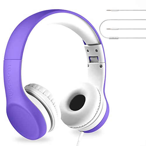 LilGadgets Connect+ Kids Headphones Wired with Microphone, Volume Limiting for Safe Listening, Adjustable Headband, Cushioned Earpads for Comfort, Headphones for Kids for School, Purple