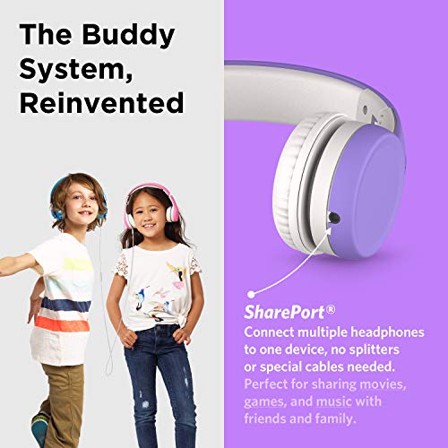 LilGadgets Connect+ Kids Headphones Wired with Microphone, Volume Limiting for Safe Listening, Adjustable Headband, Cushioned Earpads for Comfort, Headphones for Kids for School, Purple