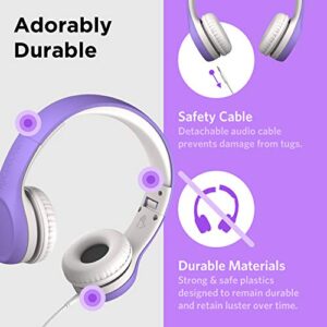 LilGadgets Connect+ Kids Headphones Wired with Microphone, Volume Limiting for Safe Listening, Adjustable Headband, Cushioned Earpads for Comfort, Headphones for Kids for School, Purple