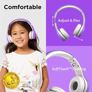 LilGadgets Connect+ Kids Headphones Wired with Microphone, Volume Limiting for Safe Listening, Adjustable Headband, Cushioned Earpads for Comfort, Headphones for Kids for School, Purple