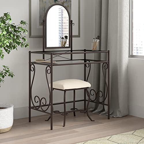 Linon Dark Metal Set Table with Upholstered Stool Clarisse Vanity, 52.4" x 31.8" x 18.3"