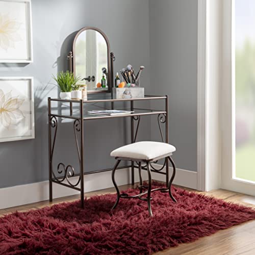 Linon Dark Metal Set Table with Upholstered Stool Clarisse Vanity, 52.4" x 31.8" x 18.3"