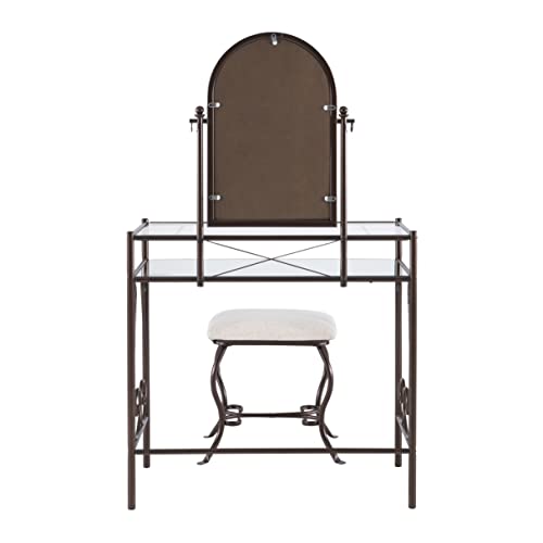 Linon Dark Metal Set Table with Upholstered Stool Clarisse Vanity, 52.4" x 31.8" x 18.3"