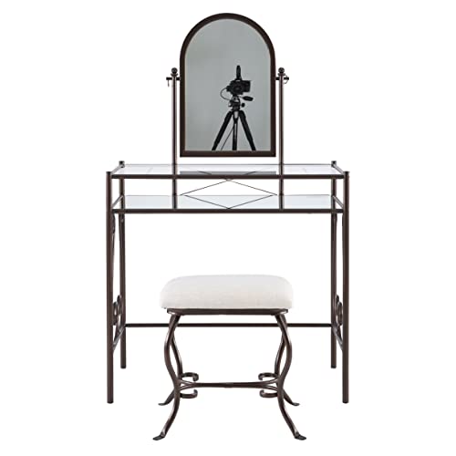 Linon Dark Metal Set Table with Upholstered Stool Clarisse Vanity, 52.4" x 31.8" x 18.3"