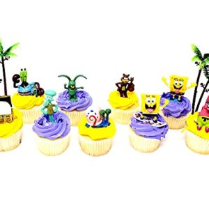 Spongebob Squarepants 11 Piece Birthday Cupcake Topper Set Featuring 2" to 3" Cupcake Toppers of Squidward, Sandy Cheeks, Patrick Star, Mr. Krabs, Plankton, Gary and More