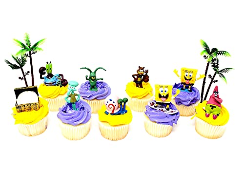 Spongebob Squarepants 11 Piece Birthday Cupcake Topper Set Featuring 2" to 3" Cupcake Toppers of Squidward, Sandy Cheeks, Patrick Star, Mr. Krabs, Plankton, Gary and More