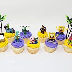 Spongebob Squarepants 11 Piece Birthday Cupcake Topper Set Featuring 2" to 3" Cupcake Toppers of Squidward, Sandy Cheeks, Patrick Star, Mr. Krabs, Plankton, Gary and More