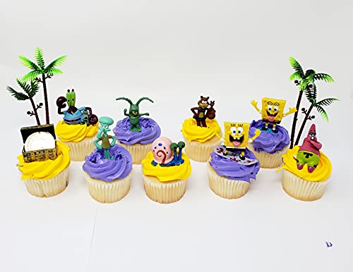 Spongebob Squarepants 11 Piece Birthday Cupcake Topper Set Featuring 2" to 3" Cupcake Toppers of Squidward, Sandy Cheeks, Patrick Star, Mr. Krabs, Plankton, Gary and More