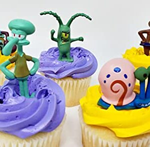 Spongebob Squarepants 11 Piece Birthday Cupcake Topper Set Featuring 2" to 3" Cupcake Toppers of Squidward, Sandy Cheeks, Patrick Star, Mr. Krabs, Plankton, Gary and More