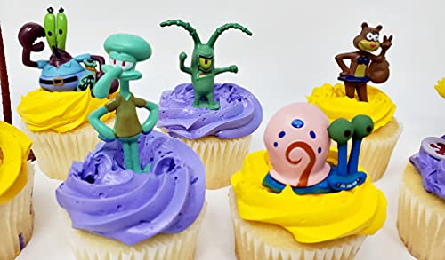 Spongebob Squarepants 11 Piece Birthday Cupcake Topper Set Featuring 2" to 3" Cupcake Toppers of Squidward, Sandy Cheeks, Patrick Star, Mr. Krabs, Plankton, Gary and More