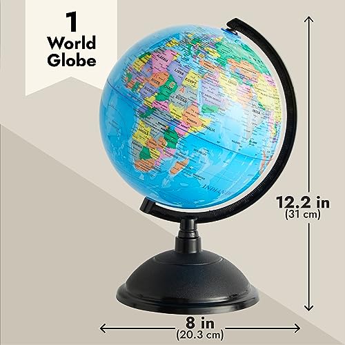 Rotating World Globe with Stand for Kids Learning, Spinning Earth Globe for Classroom Geography Education (8 In)