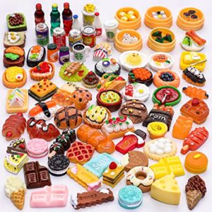 80 pieces micro food & drink bottle toys mix random loaded fake doll house kitchen accessories mini play fake resin doll house (burger, pizza, cake, ice cream, bread)