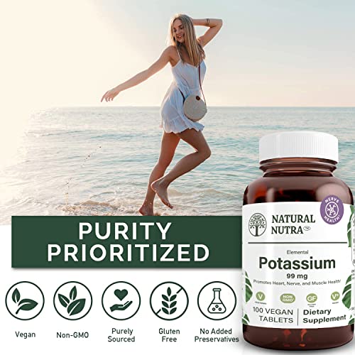 Natural Nutra Elemental Potassium Gluconate Dietary Supplement, Energy and Nervous System Health, Maintains Optimal Fluid Balance, Promotes Heart Health, 99 mg, 100 Vegan Tablets