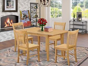 east west furniture nofk5-oak-w norfolk 5 piece set for 4 includes a rectangle kitchen table with butterfly leaf and 4 dining room chairs, 32x54 inch, oak