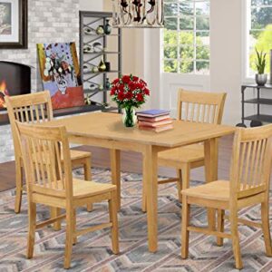 East West Furniture NOFK5-OAK-W Norfolk 5 Piece Set for 4 Includes a Rectangle Kitchen Table with Butterfly Leaf and 4 Dining Room Chairs, 32x54 Inch, Oak