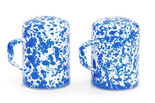 Enamelware Salt and Pepper Shaker Set, 11 ounce, Blue/White Splatter