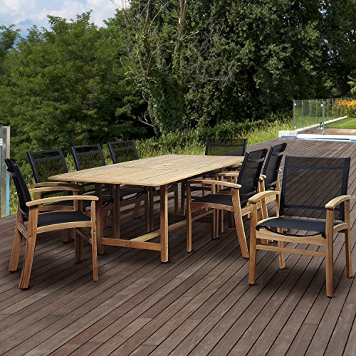 Amazonia Georgetown 9 Piece Teak Extendable Rectangular Dining Set with Black Sling Chairs