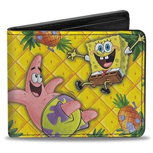 spongebob squarepants men's buckle-down pu bifold wallet-spongebob & patrick starfish pose pineapple gold, multicolor, 4.0" x 3.5"