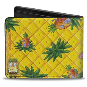 SpongeBob Squarepants Men's Buckle-Down PU Bifold Wallet-Spongebob & Patrick Starfish Pose Pineapple Gold, Multicolor, 4.0" x 3.5"