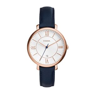 fossil women's jacqueline quartz stainless steel and leather watch, color: rose gold, navy (model: es3843)