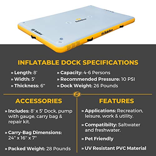 SOLSTICE ORIGINAL Floating Inflatable Dock Platform 8 X 5 FT Float For Lake Boat Pool Ocean | Water Mat Swim Deck Raft For Multiple Adults Kids Dogs | Heavy Duty Dropstitch 6 Inch Thick W/ Bag-&-Pump