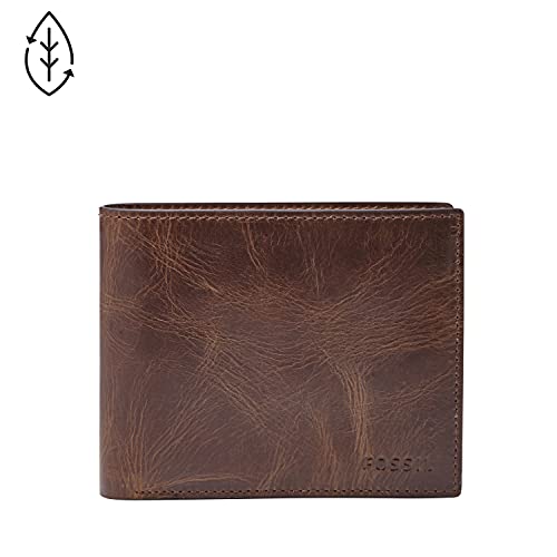 Fossil Men's Derrick Leather RFID-Blocking Bifold with Coin Pocket Wallet, Dark Brown, (Model: ML3687201)