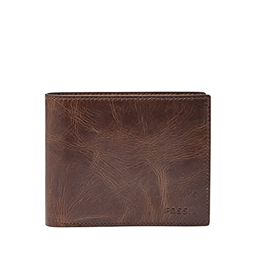 Fossil Men's Derrick Leather RFID-Blocking Bifold with Coin Pocket Wallet, Dark Brown, (Model: ML3687201)