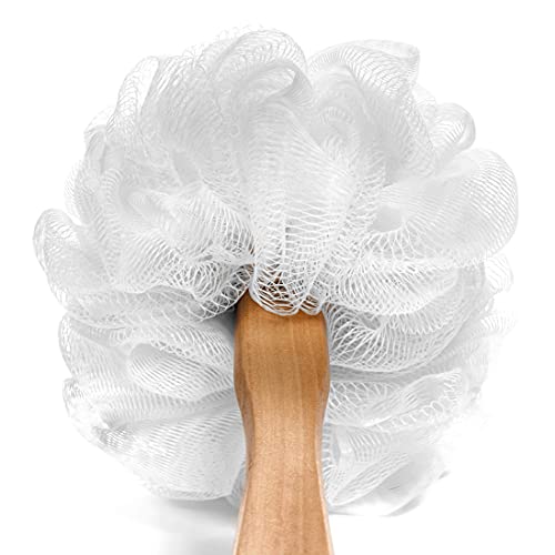 Shower Loofah on a Stick Body & Back Scrubber - Long Handled Mesh Bath Sponge Pouf Luffa Brush on a Stick with a Wood Handle for Men & Women - Easy Reach Body Wash & Lotion Applicator