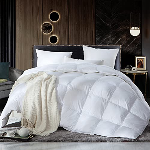 Luxurious Full/Queen Size Goose Down Feather Fiber Comforter Duvet Insert, Ultra-Soft 100% Egyptian Cotton Cover, 60 oz. Fill Weight, All-Season White Solid Comforter