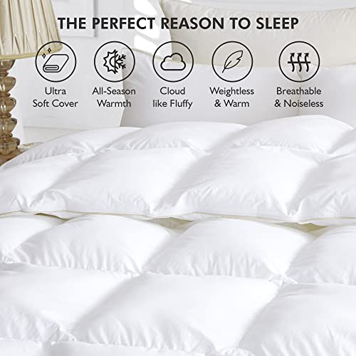 Luxurious Full/Queen Size Goose Down Feather Fiber Comforter Duvet Insert, Ultra-Soft 100% Egyptian Cotton Cover, 60 oz. Fill Weight, All-Season White Solid Comforter