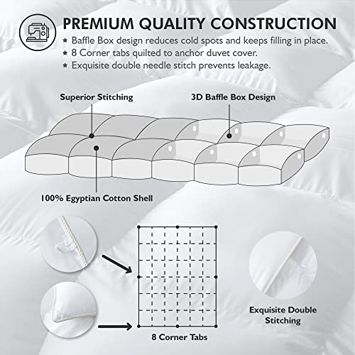 Luxurious Full/Queen Size Goose Down Feather Fiber Comforter Duvet Insert, Ultra-Soft 100% Egyptian Cotton Cover, 60 oz. Fill Weight, All-Season White Solid Comforter