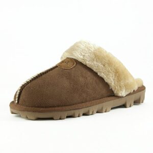 clpp'li womens slip on faux fur warm winter mules fluffy suede comfy slippers-tan-8