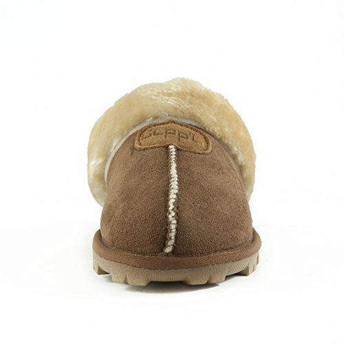 CLPP'LI Womens Slip on Faux Fur Warm Winter Mules Fluffy Suede Comfy Slippers-Tan-8