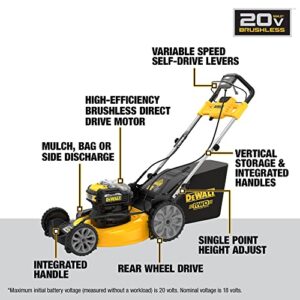 DEWALT 20V MAX Lawn Mower, Cordless, Rear Wheel Drive, Self-Propelled with Batteries & Charger (DCMWSP255Y2)