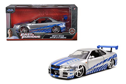 Jada Toys Fast & Furious Brian’s 2002 Nissan Skyline R34 Die-cast Car, 1:24 Scale, Silver & Blue