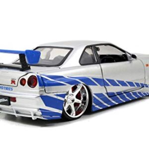 Jada Toys Fast & Furious Brian’s 2002 Nissan Skyline R34 Die-cast Car, 1:24 Scale, Silver & Blue