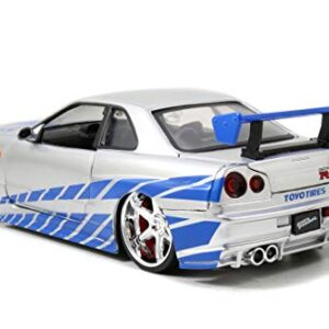 Jada Toys Fast & Furious Brian’s 2002 Nissan Skyline R34 Die-cast Car, 1:24 Scale, Silver & Blue