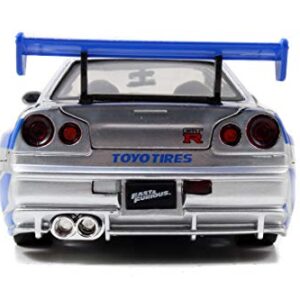 Jada Toys Fast & Furious Brian’s 2002 Nissan Skyline R34 Die-cast Car, 1:24 Scale, Silver & Blue