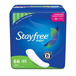 stayfree maxi super long pads for women, wingless, reliable protection and absorbency of feminine periods, 66 count